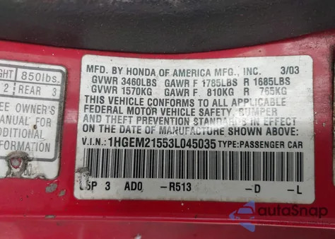 2003 Honda Civic Lx z USA, uszkodzony, nr VIN 1HGEM21553L045035